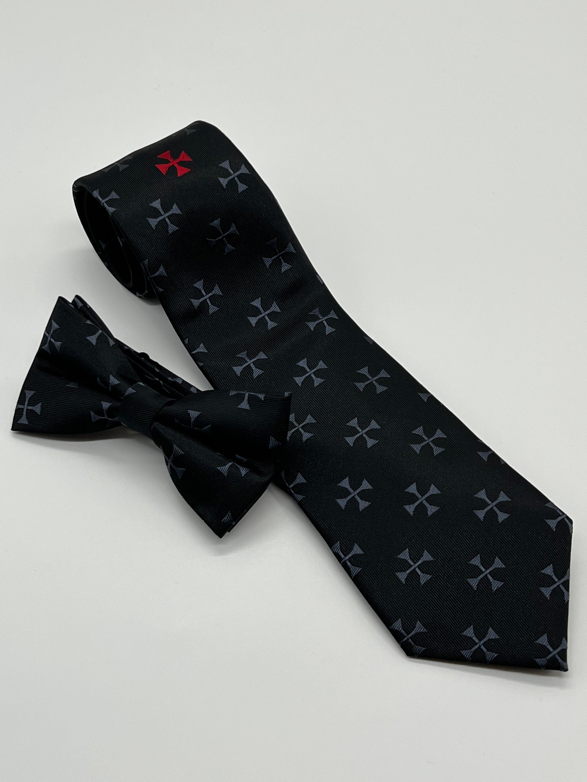 Masonic Knights Templar Cross Black Tie and Bow Set Handmade Knights Templar Tie and Bow