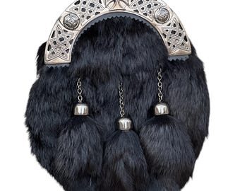 Men' Scottish Black Fur 3 Tassels Kilt Sporran With Chain Belt
