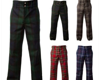 スコットランドの男性用ハンドメイドタータン トラウザーズ、ウェディング用ドレス パンツ、ゴルフ パンツ。50 種類以上のタータンからお選びいただけます。