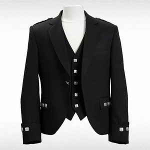 Schottische schwarze Argyle-Kiltjacke mit Weste Wolle Hochzeit Argyle Jacke Maßgeschneiderte Kiltjacken