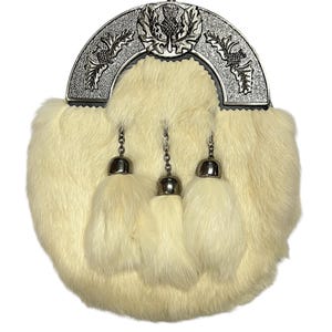 Scottish White Fur Sporran Thistle Cantle 3 Tassels Kilt Sporran With Chain Belt