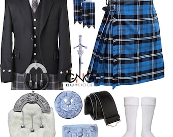May include: A black kilt outfit with a blue and black tartan kilt, a black jacket, a white shirt, a black vest, a white sporran, a black belt, a silver kilt pin, a silver sword, a pair of white socks, and a pair of black kilt hose.