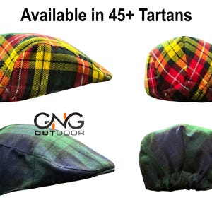 May include: Four different styles of flat caps in various tartan patterns. The caps are made of a soft, woven fabric. The text "Available in 45+ Tartans" is displayed at the top of the image. The text "GNG OUTDOOR" is displayed in the center of the image.
