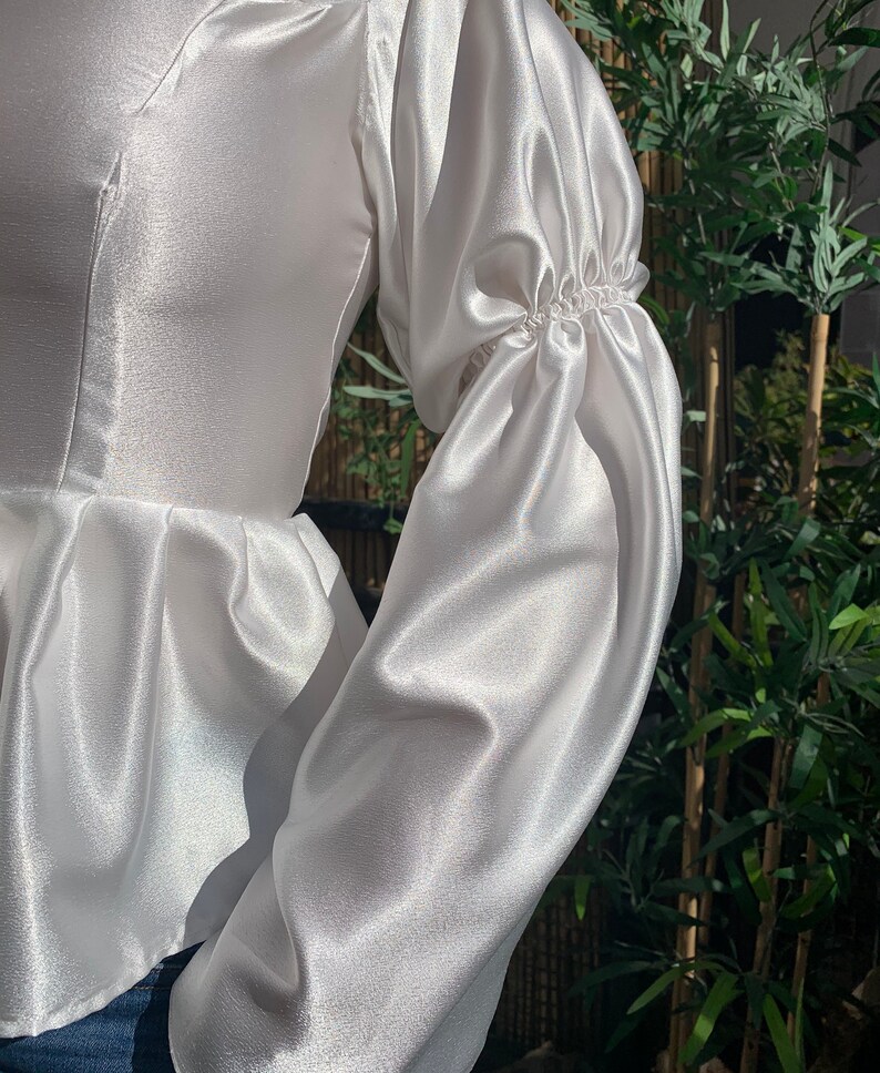 Low Cut White Satin Peplum Top With Wide Sleeves With Ruffle | Etsy