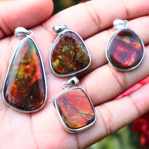 Ammolite Pendant, .925 Silver Pendant, Green, Yellow Red and Orange Ammolite Pendant, High Quality Natural Ammolite Pendant