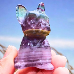 Rainbow Fluorite French Bulldog Carving – Crystal Dog Figurine for Healing, Décor & Gifts