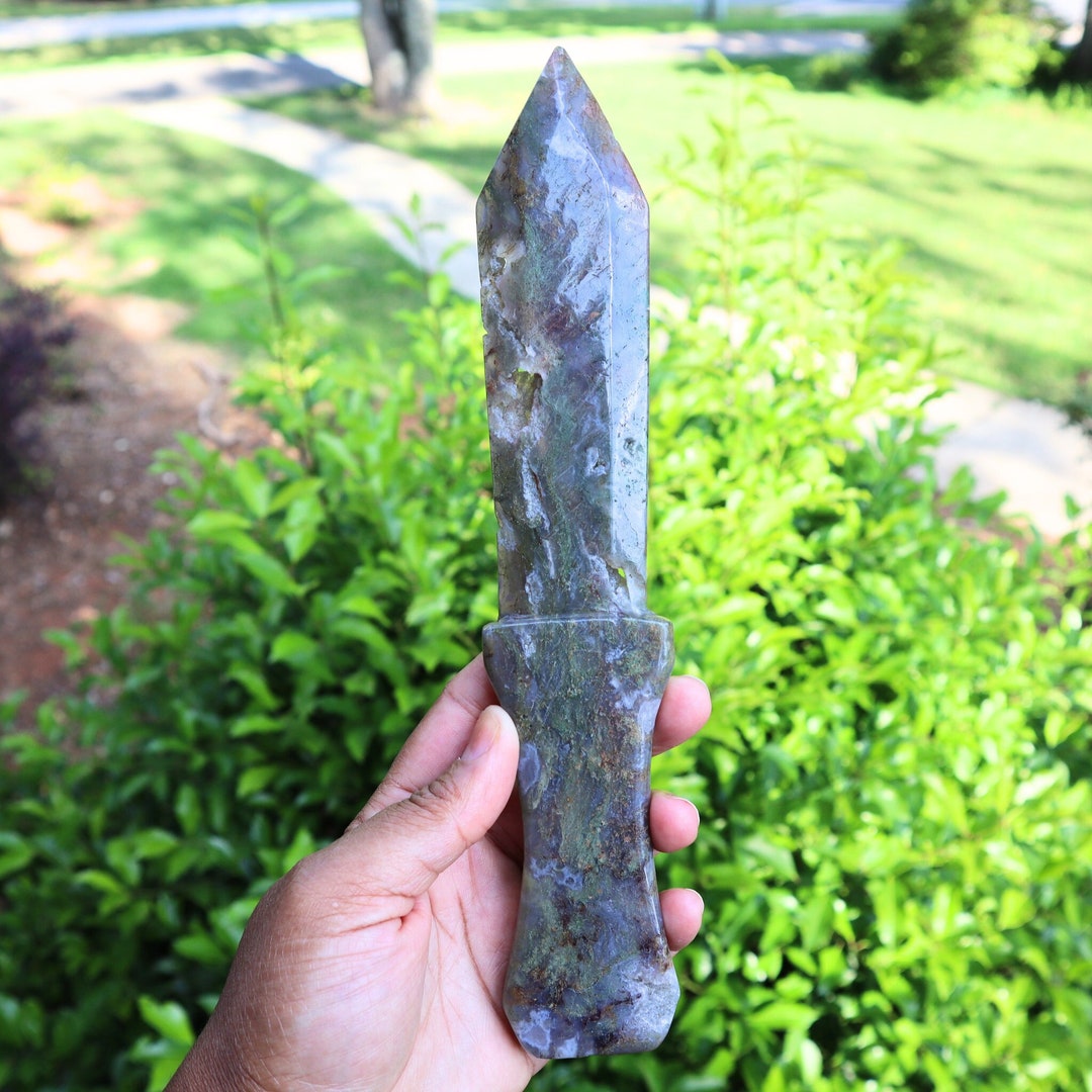 Moss Agate Dagger, Crystal Dagger Knife, Crystal Sword, Hand Carved Dagger, Natural Moss Agate