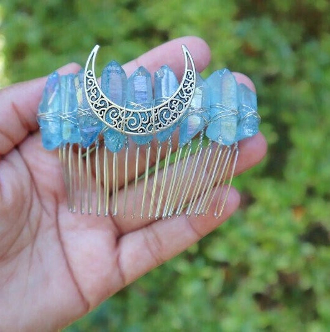 Blue Aura Quartz Moon Hair Comb Crystal Hair Clip Hair Accessories