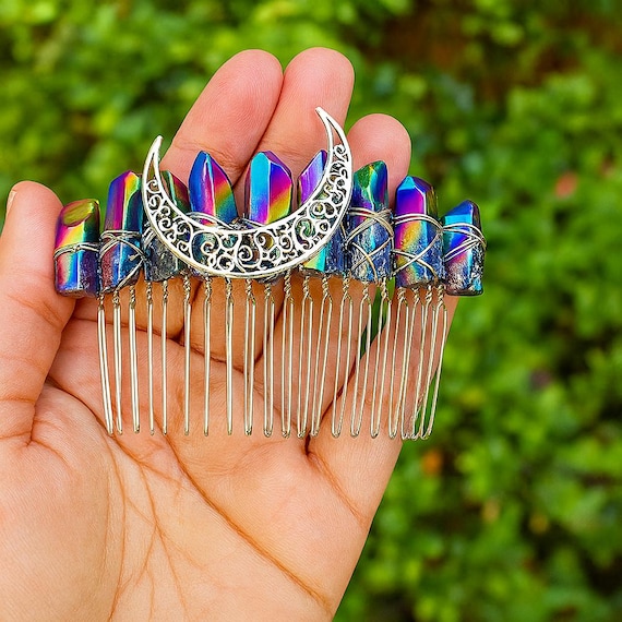 Titanium Aura Quartz Hair Comb: Boho Moon Goddess Accessory
