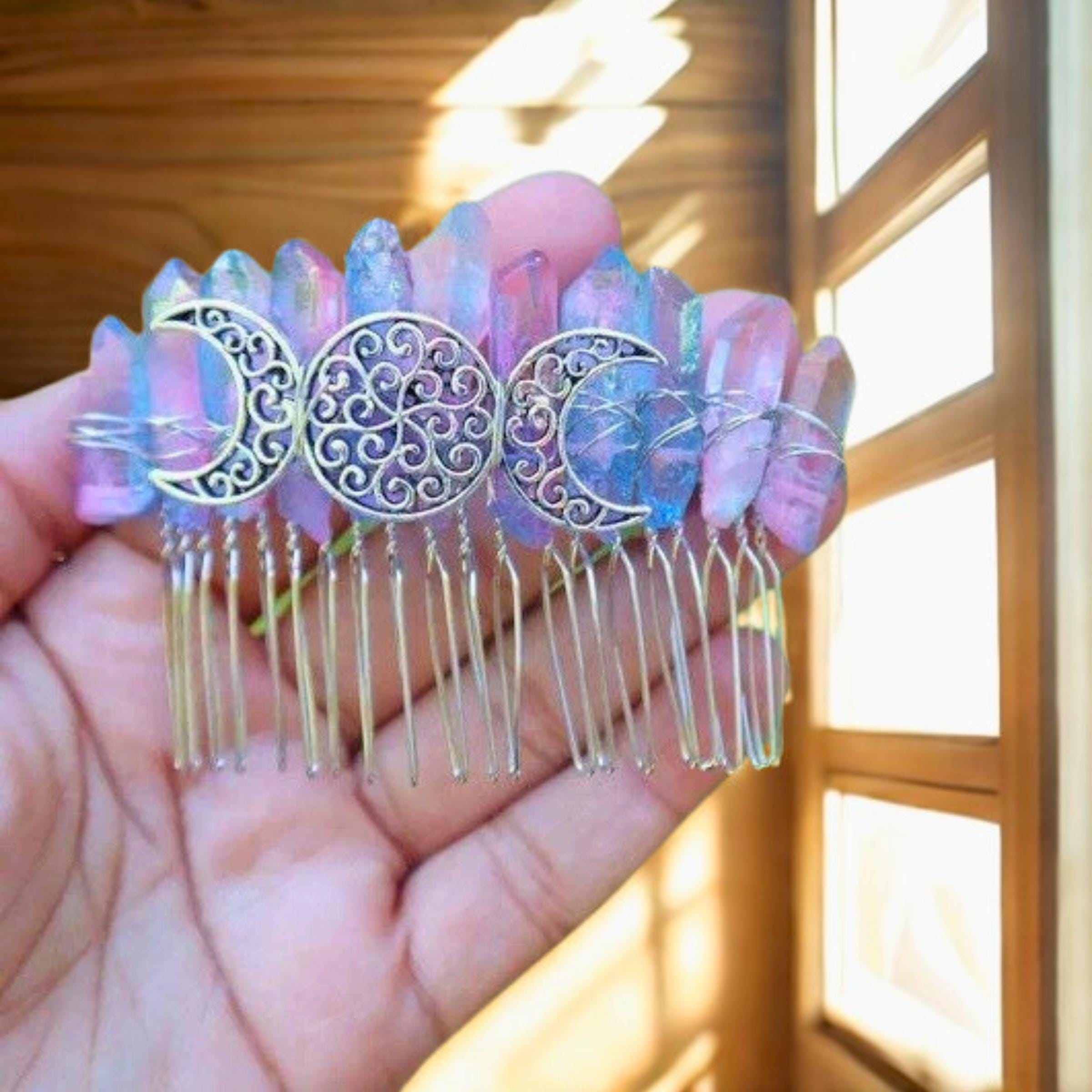 Aura Quartz Moon Hair Comb – Crystal Hair Clip for Boho 