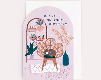 Relax on Your Birthday Card | Cozy Birthday Card | Cat Birthday Card | Birthday Card For Her | Birthday Card For Friend | Bohemian | Boho