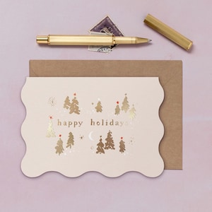 Happy Holidays Pink Christmas Card with Cute Gold Tree Details | Christmas Card for Girlfriend | Feminine Christmas Card