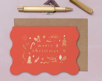 Merry Christmas Card with Gold Foil Details and Wavy Edges | Holiday Card | Luxury Christmas Card | Xmas Card