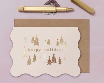Happy Holidays Pink Christmas Card with Cute Gold Tree Details | Christmas Card for Girlfriend | Feminine Christmas Card