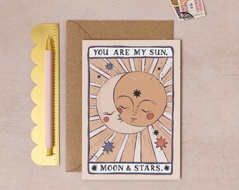 Sun, Moon and Stars Valentine's Day Card or Anniversary Card for Tarot Lover | Tarot Card Style Valentine's Card
