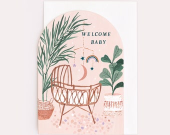New Baby Card with Gender Neutral Design | Unisex New Baby Card | Bamboo Crib Illustrated New Baby Card