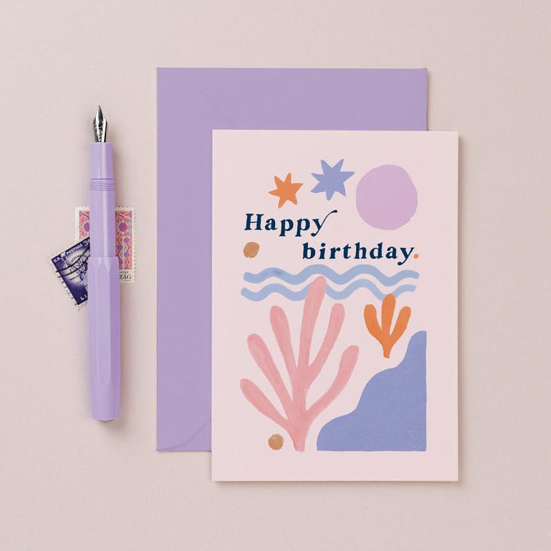 Matisse birthday card inspired by the artist Matisse this abstract birthday card features gently waving shapes and abstract colourful waves, circles. Perfect artsy birthday card.