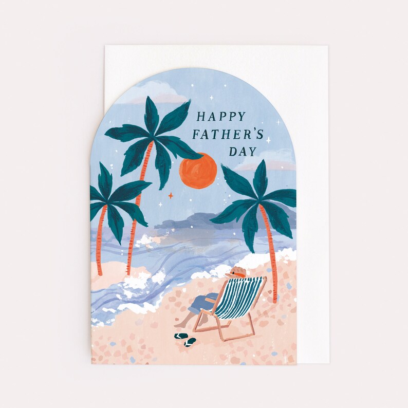 Father's Day card with artwork of a Dad relaxing in deckchair with a sunset view, perfect as a Father's Day card.