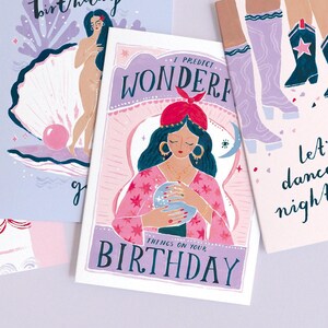 Fortune teller birthday card with 'I predict wonderful things on your birthday' lettering.