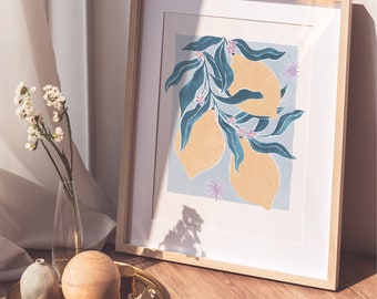 Lemons Art Print | A5, A4, A3 Size | Lemons and Leaves Wall Art | Kitchen Wall Art | Cute Fruit Print | Art for Lounge