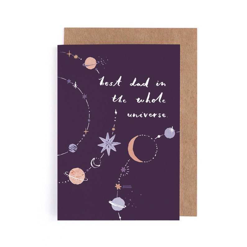 Best Dad in the whole universe card with painted artwork of a starry solar system, perfect for Dads birthday or Fathers Day.