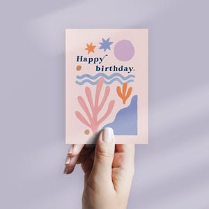 Matisse birthday card inspired by the artist Matisse this abstract birthday card features gently waving shapes and abstract colourful waves, circles. Perfect artsy birthday card.
