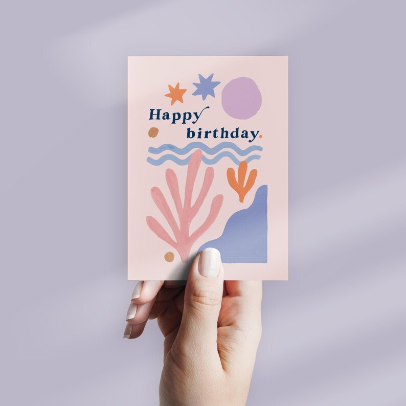 Matisse birthday card inspired by the artist Matisse this abstract birthday card features gently waving shapes and abstract colourful waves, circles. Perfect artsy birthday card.