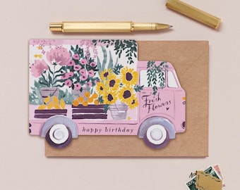 Flower Truck Birthday Card | Flowers Birthday Card | Friend Birthday Card | Mum Birthday Card