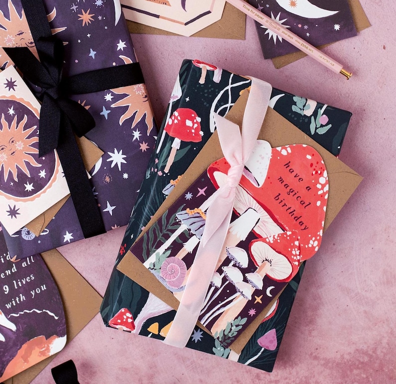 Mushrooms gift wrap sheets by Sister Paper Co. Use these mushroom gift wrap sheets as mushroom wrapping paper for your birthday gifts, anniversary presents or as craft paper.