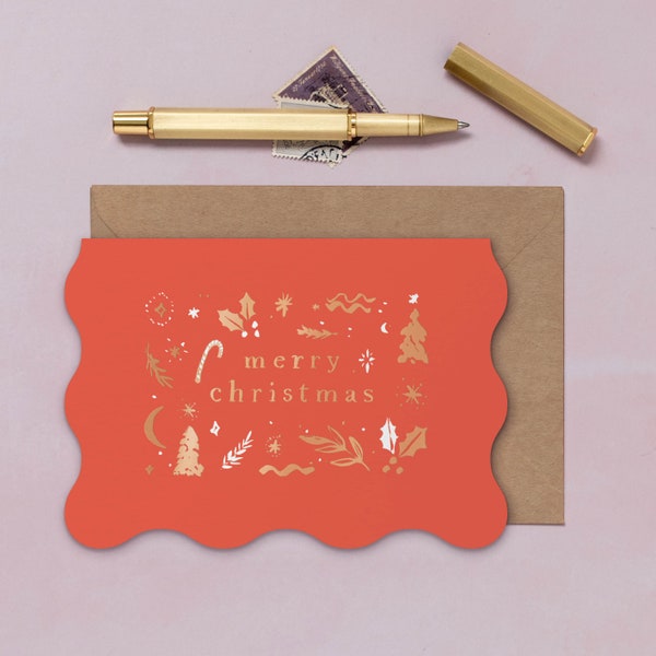 Merry Christmas Card with Gold Foil Details and Wavy Edges | Holiday Card | Luxury Christmas Card | Xmas Card