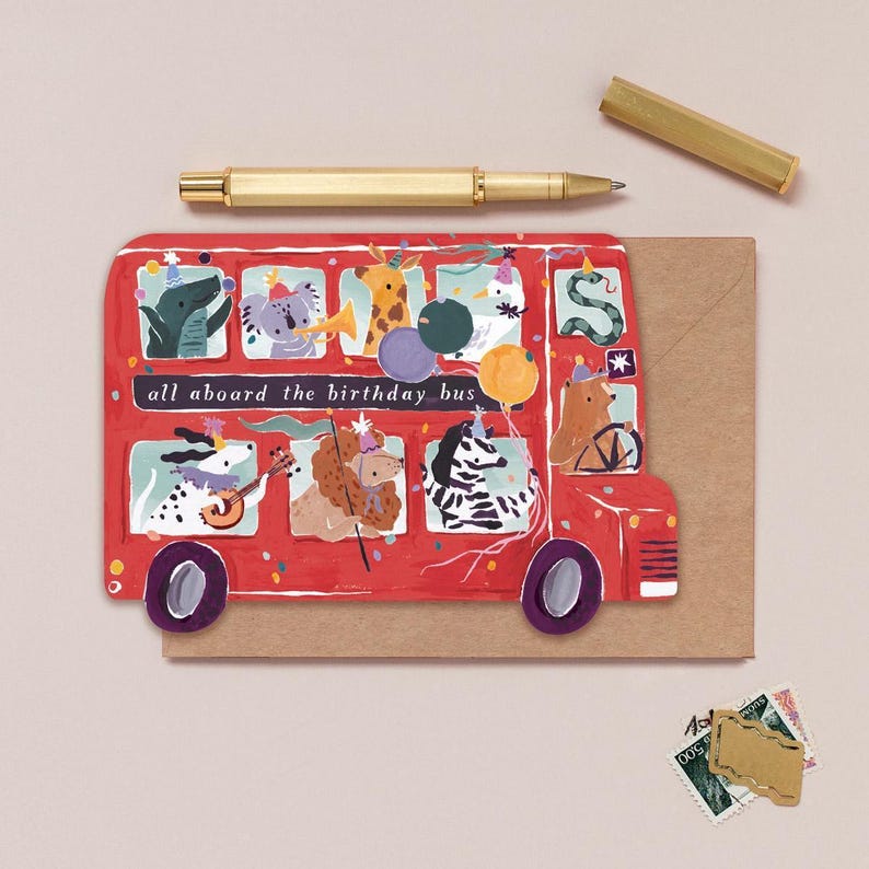 This sweet London bus birthday card is cut into a unique shape of a double decker bus. The cute kids birthday card is a lovely gift idea for childrens birthday card, nephew birthday card or adorable kids birthday card.