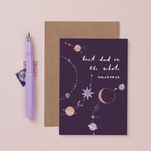 Best Dad in the whole universe card with painted artwork of a starry solar system, perfect for Dads birthday or Fathers Day.