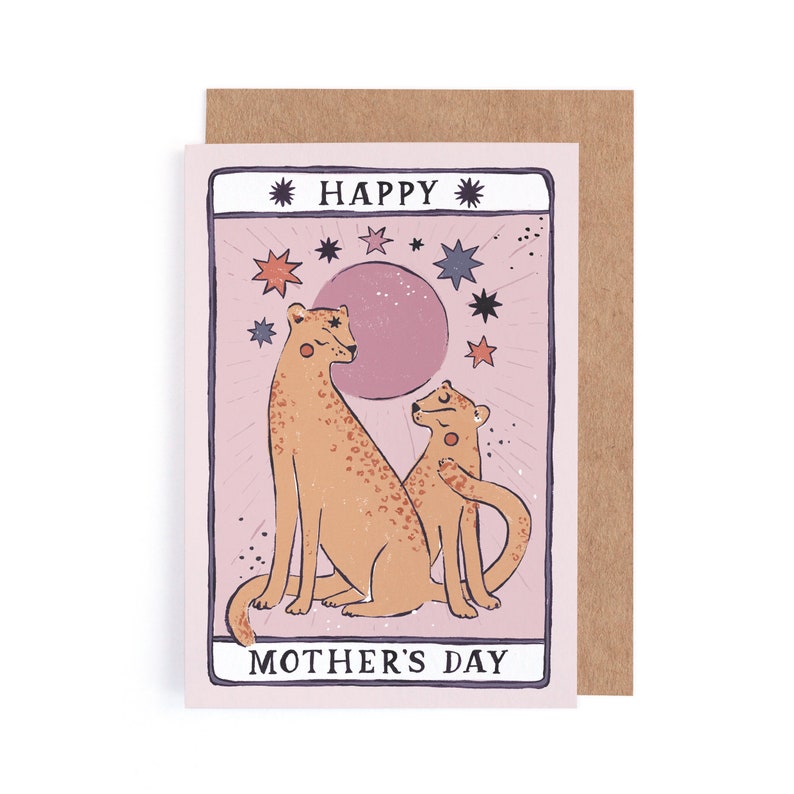 Mothers Day card with tarot card style artwork of leopard mum and little leopard.