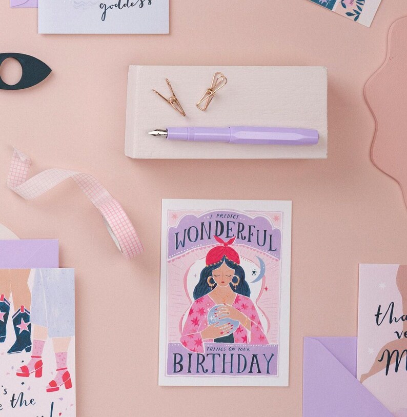 Fortune teller birthday card with 'I predict wonderful things on your birthday' lettering.
