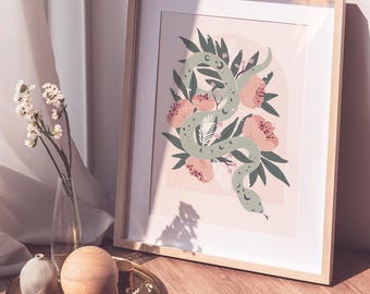 Snake Art Print | A5, A4, A3 Size | Flowers Wall Art | Bohemian Wall Art | Art for Lounge | Art Print For Gallery Wall | Botanical Art Print