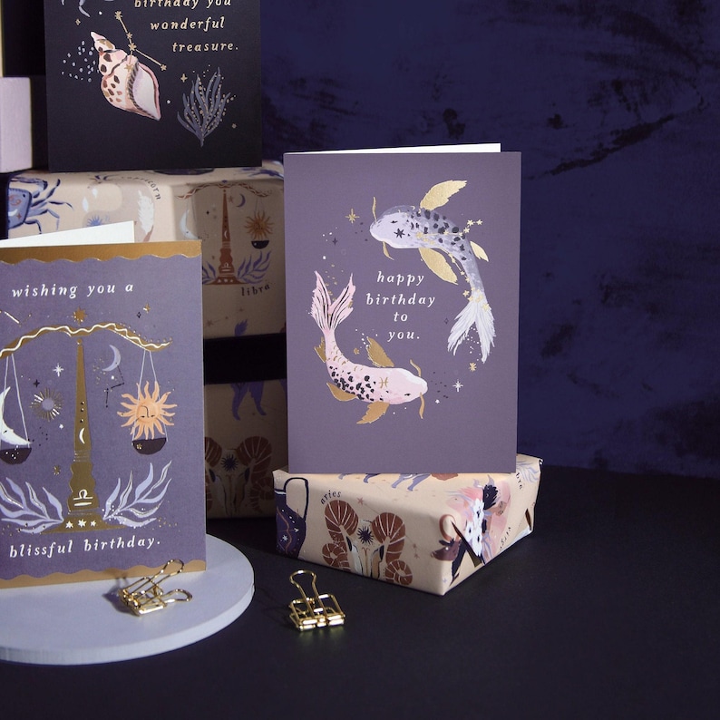 A Pisces star sign inspired zodiac birthday card from Sister Paper Co.