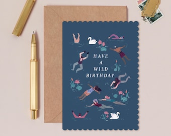 Wild Swimming Birthday Card | Swimmer Birthday Card | Outdoor Swimming Gift | Adventurer Card | Scalloped Birthday Card