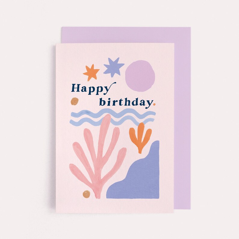 Matisse birthday card inspired by the artist Matisse this abstract birthday card features gently waving shapes and abstract colourful waves, circles. Perfect artsy birthday card.