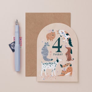 This fourth birthday card is a milestone birthday card for a toddler. The toddler birthday card has a large number four, as it is a 4th birthday card. The animal birthday card is a kids birthday card for a four year old. It is a gender neutral card.