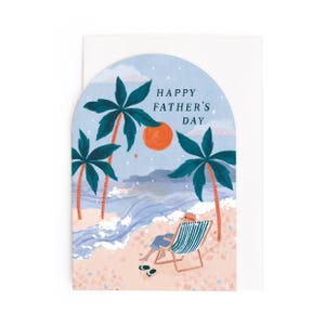 Father's Day card with artwork of a Dad relaxing in deckchair with a sunset view, perfect as a Father's Day card.