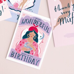 Fortune teller birthday card with 'I predict wonderful things on your birthday' lettering.