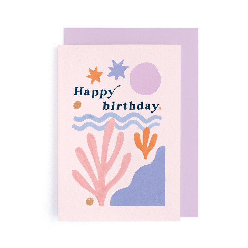 Matisse birthday card inspired by the artist Matisse this abstract birthday card features gently waving shapes and abstract colourful waves, circles. Perfect artsy birthday card.