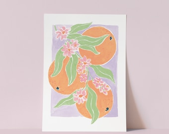 Oranges Art Print | A5, A4, A3 Size | Oranges and Leaves Wall Art | Kitchen Wall Art | Cute Fruit Print | Art for Lounge