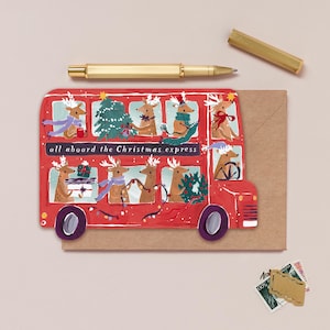 Reindeer Bus Christmas Card | Holiday Cards | Christmas Card | Christmas Greeting Cards | London Christmas Cards | Kids Christmas Cards