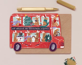 Reindeer Bus Christmas Card | Holiday Cards | Christmas Card | Christmas Greeting Cards | London Christmas Cards | Kids Christmas Cards
