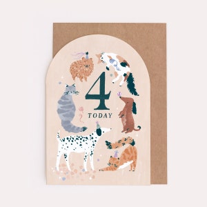 This fourth birthday card is a milestone birthday card for a toddler. The toddler birthday card has a large number four, as it is a 4th birthday card. The animal birthday card is a kids birthday card for a four year old. It is a gender neutral card.