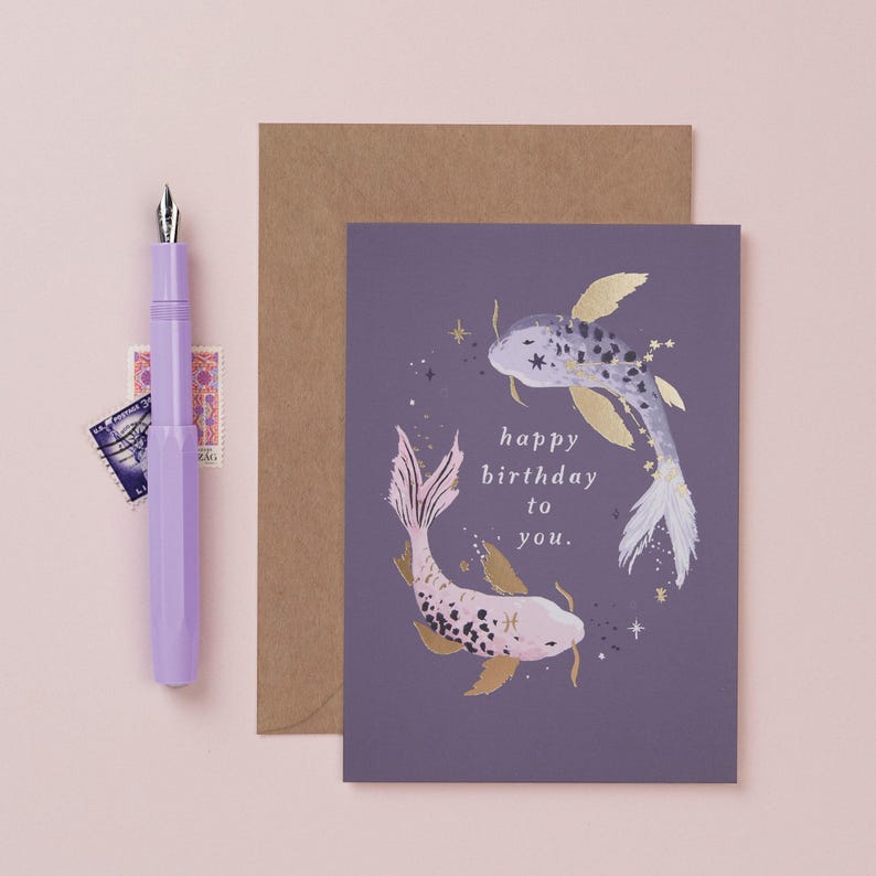 A Pisces star sign inspired zodiac birthday card from Sister Paper Co.
