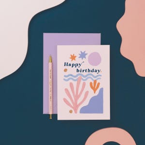 Matisse birthday card inspired by the artist Matisse this abstract birthday card features gently waving shapes and abstract colourful waves, circles. Perfect artsy birthday card.