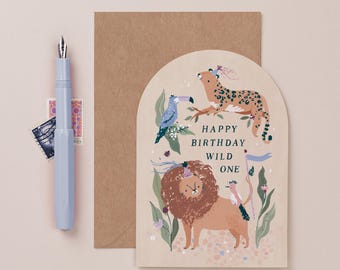 Wild One Jungle Kids Birthday Card | Children's Birthday Card for Animal Lover | Lion Birthday Card