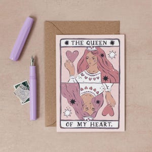 Valentine's Card with Tarot Card Style Queen of Hearts Art | Valentine's Card for Tarot Lover